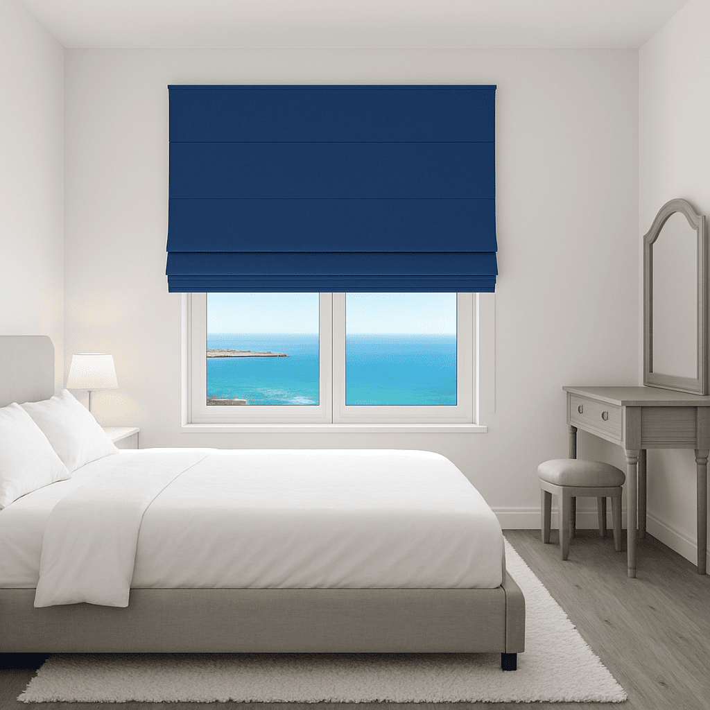 Estor plegable con varillas opaco azul ideal para dormitorios