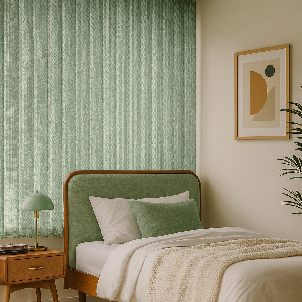 cortina vertical screen pop color verde pistacho en dormitorio estilo midcentury modern