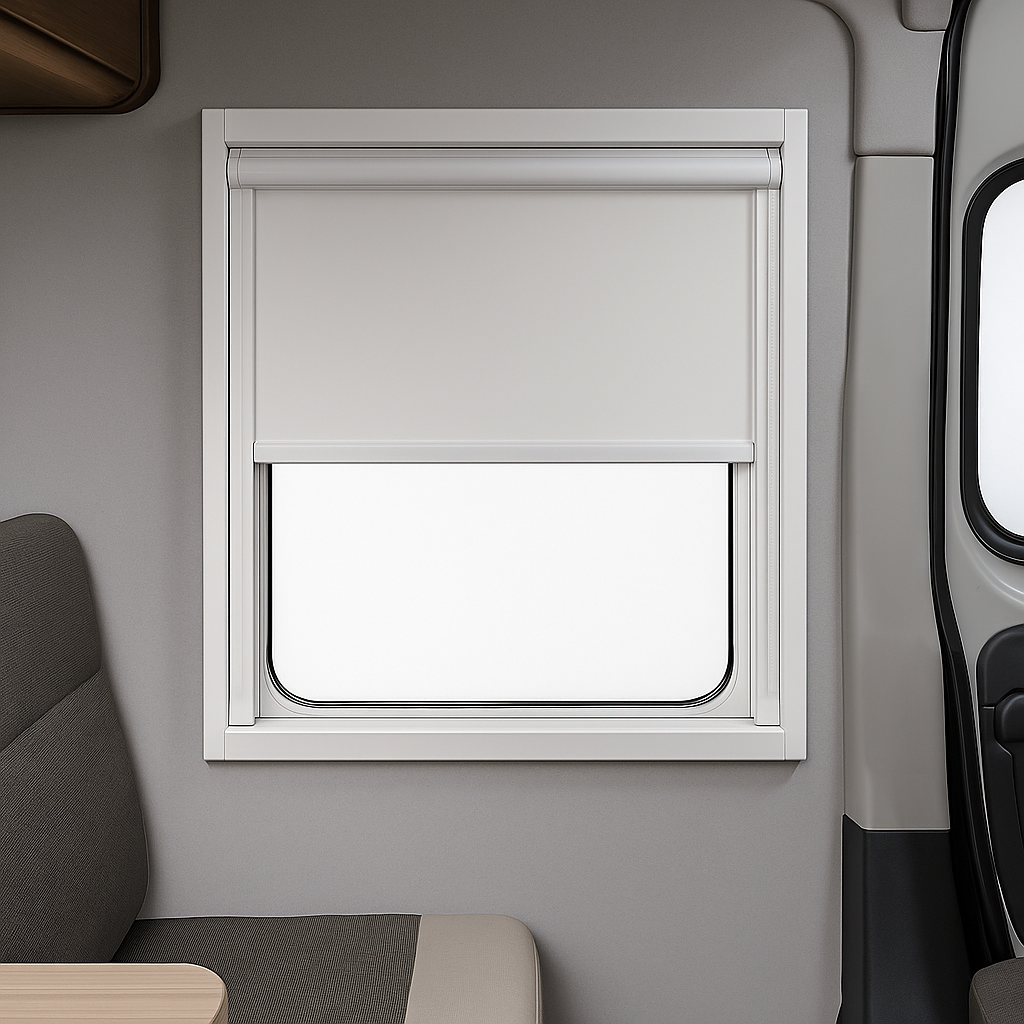 estor enrollable con color blanco en ventana de caravana