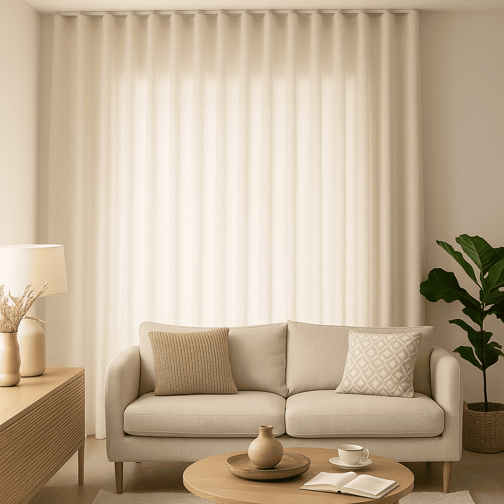 Cortina tradicional con onda perfecta marfil con Lino ideal para salón y comedor