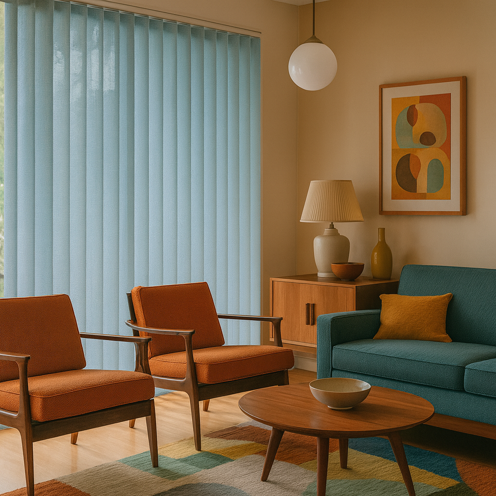 cortina vertical azul celeste en salón estilo midcentury modern