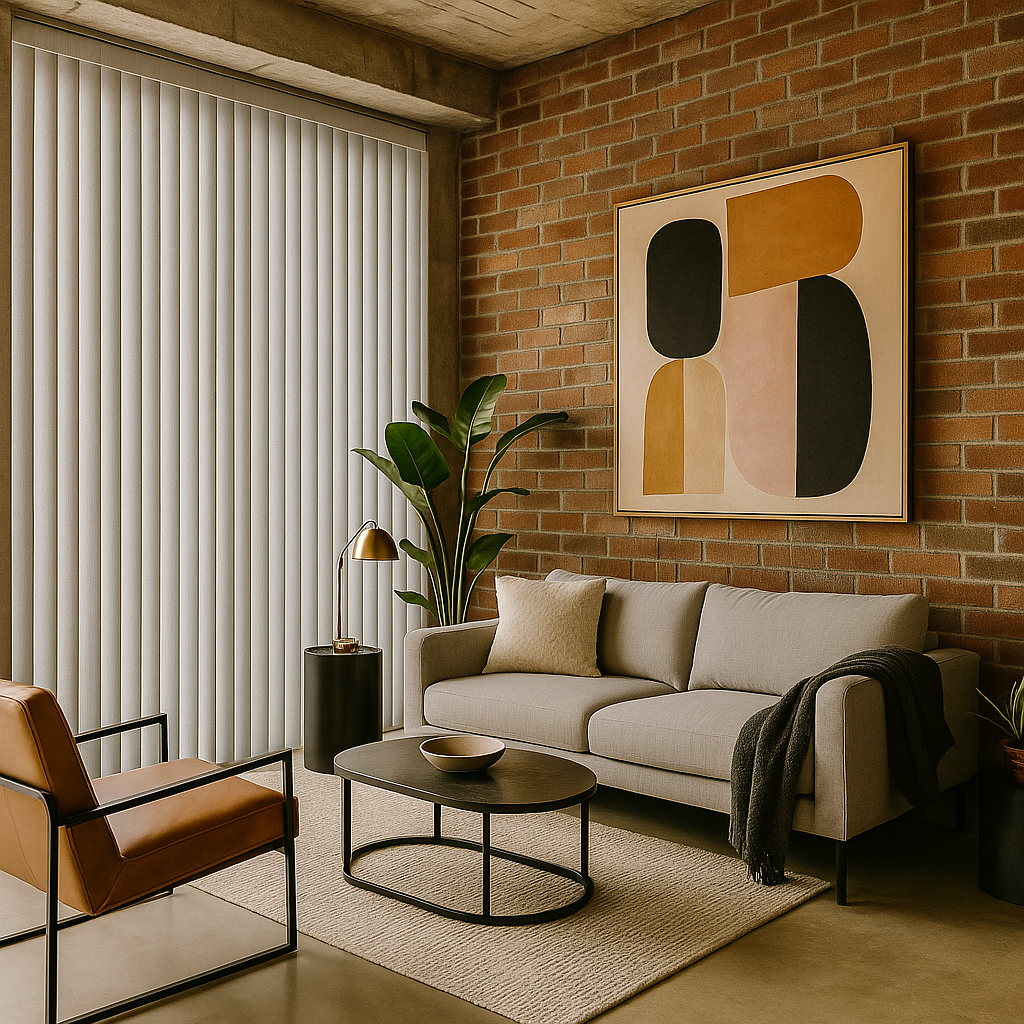 cortina vertical translúcida color nácar en salón de estilo industrial moderno
