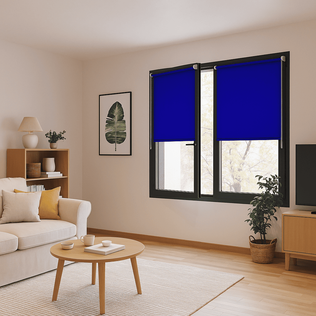 Estor enrollable instalacion sin taladrar azul para colocar en ventanas oscilobatientes
