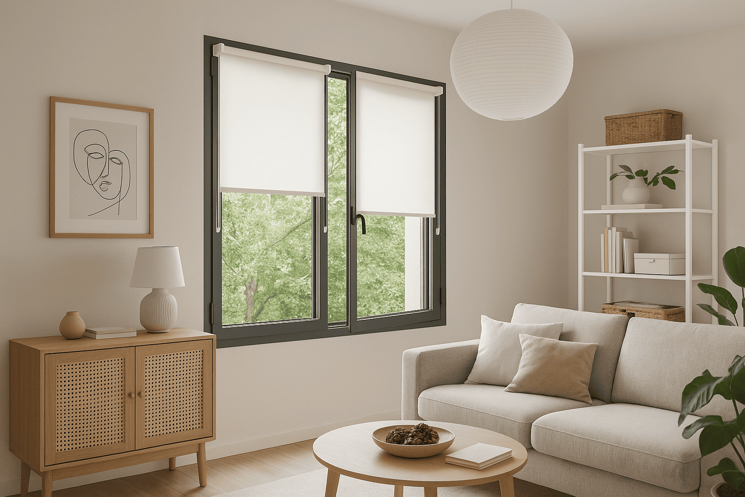 Estor enrollable instalacion sin taladrar blanco roto para colocar en ventanas oscilobatientes