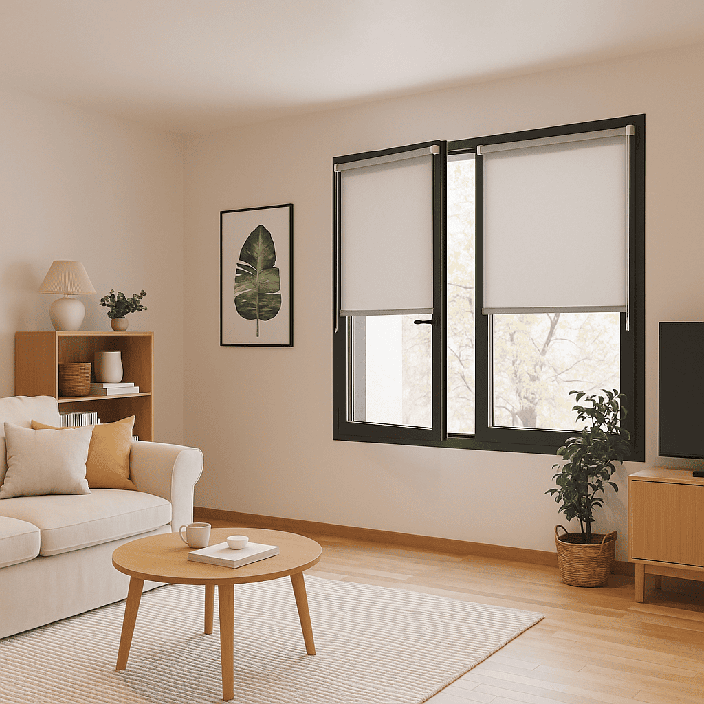 Estor enrollable instalacion sin taladrar gris claro para colocar en ventanas oscilobatientes