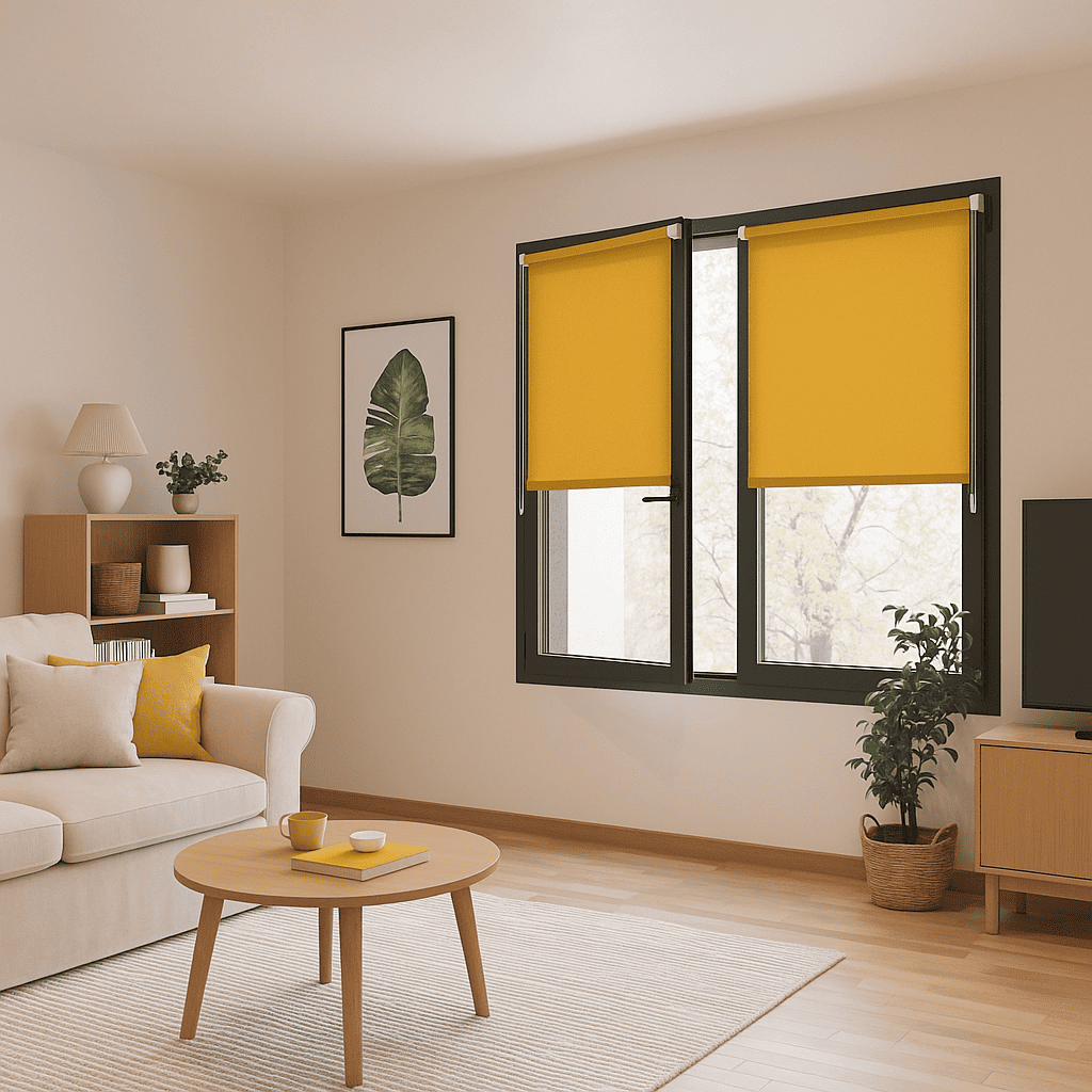 Estor enrollable instalacion sin taladrar amarillo para colocar en ventanas oscilobatientes
