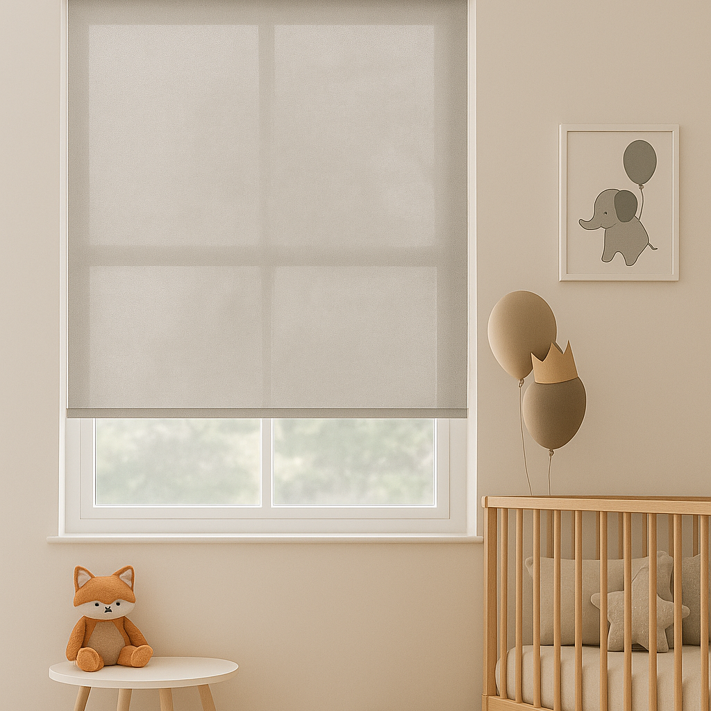 estor enrollable translcido color gris claro en habitación infantil