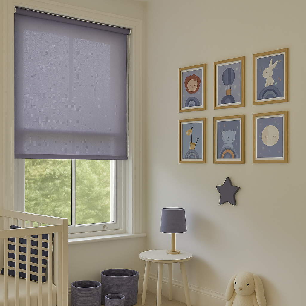 estor enrollable translúcido provenza color azul lavanda en habitación infantil