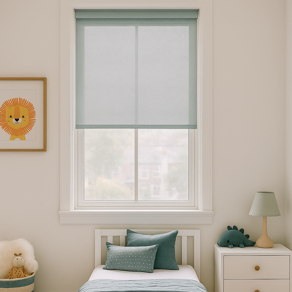 estor enrollable translucido color azul plomo en habitación infantil