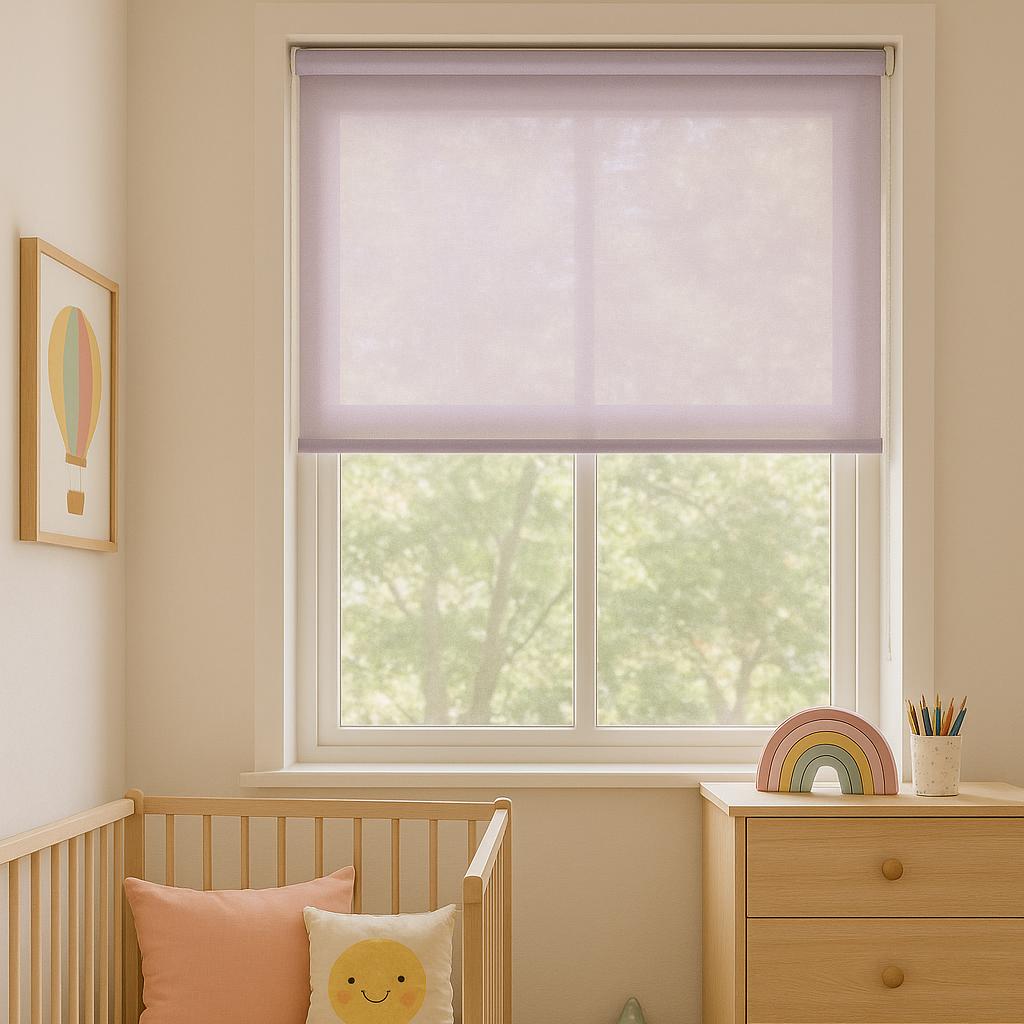 estor enrollable translúcido provenza color lila en habitación infantil
